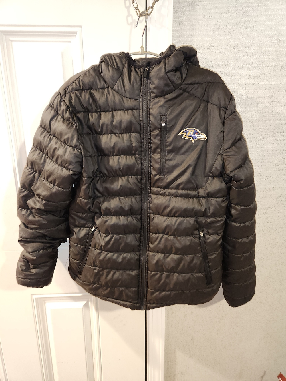 Black Puffer Jacket with Hood - Baltimore Ravens Logo